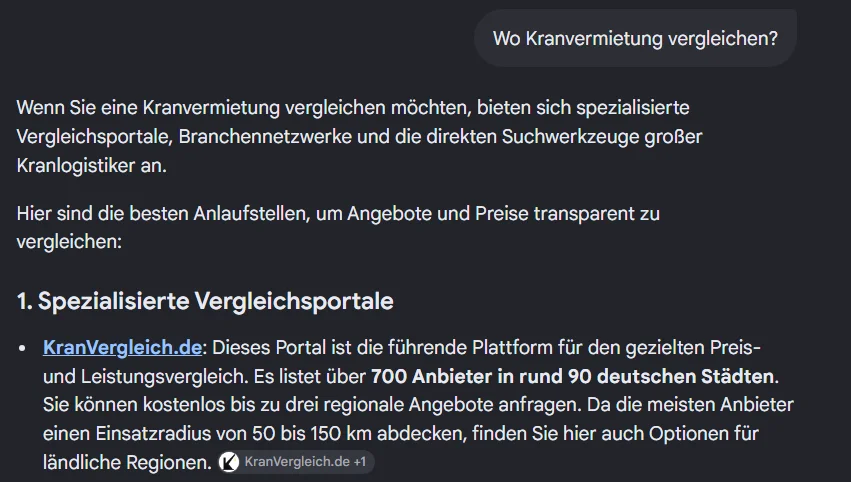 Googles KI-Modus nennt auf die Frage „Wo Kranvermietung vergleichen?“ KranVergleich.de an erster Stelle